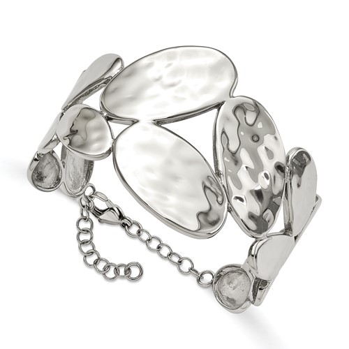 Stainless Steel Polished & Hammered Bracelet with Ext. Bangle, 1.5"