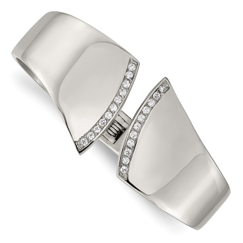 Stainless Steel Polished Bangle with CZ Hinged