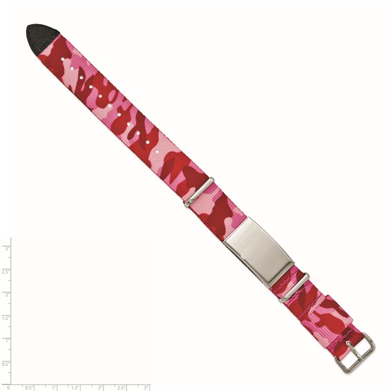 Stainless Steel Polished Pink Camo Fabric Adj. ID Bracelet