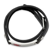 Chisel Stainless Steel Polished Bracelet with Red Enamel Medical ID Black Leather Adjustable Wrap view 3