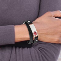 Chisel Stainless Steel Polished Bracelet with Red Enamel Medical ID Black Leather Adjustable Wrap view 5