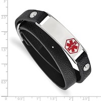 Chisel Stainless Steel Polished Bracelet with Red Enamel Medical ID Black Leather Adjustable Wrap view 4