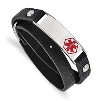 Chisel Stainless Steel Polished Bracelet with Red Enamel Medical ID Black Leather Adjustable Wrap view 1