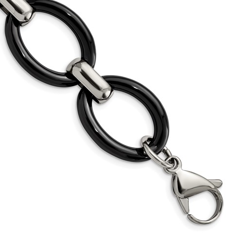 Stainless Steel Polished Bracelet with Black Ceramic with Ext. 7in, 1"