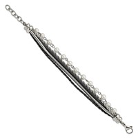 Stainless Steel Polished Leather Bracelet with Simulated Pearls with Ext, 1" view 2
