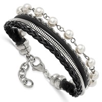 Stainless Steel Polished Leather Bracelet with Simulated Pearls with Ext, 1" view 3