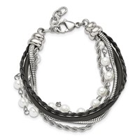 Stainless Steel Polished Leather Bracelet with Simulated Pearls with Ext, 1" view 5