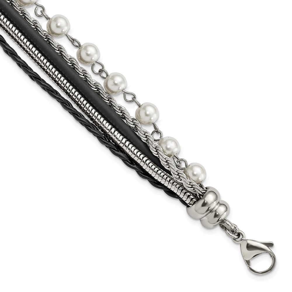 Stainless Steel Polished Leather Bracelet with Simulated Pearls with Ext, 1"