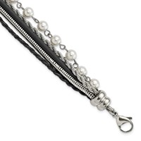 Stainless Steel Polished Leather Bracelet with Simulated Pearls with Ext, 1" view 1