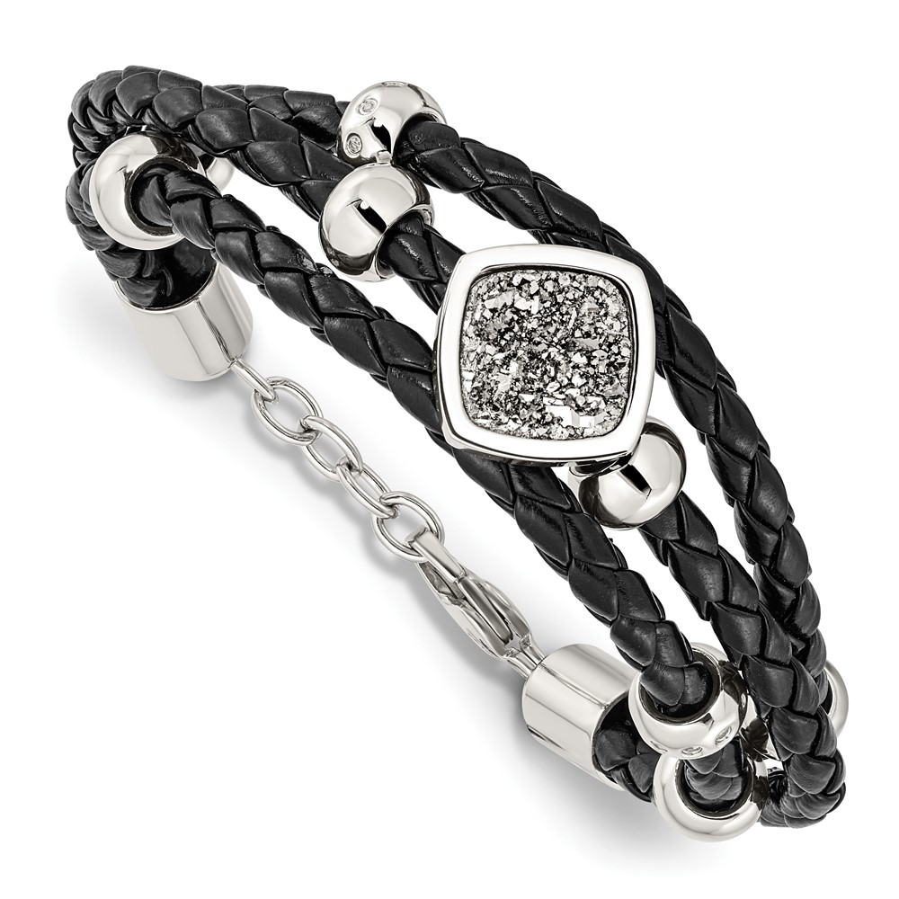 Stainless Steel Bracelet with. Ext Polished with Druzy and Crystal Leather, 75"