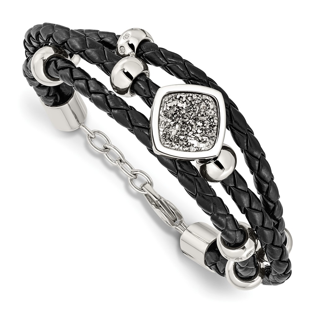 Stainless Steel w/.75in ext Polished w/Druzy and Crystal Leather Bracelet