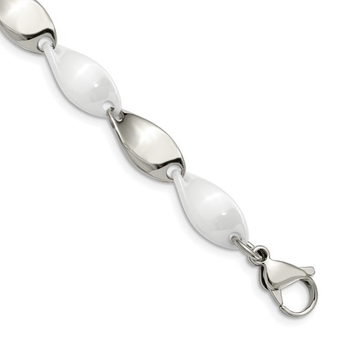 Chisel Stainless Steel Polished Bracelet with White Ceramic Twisted Link, 7.75"
