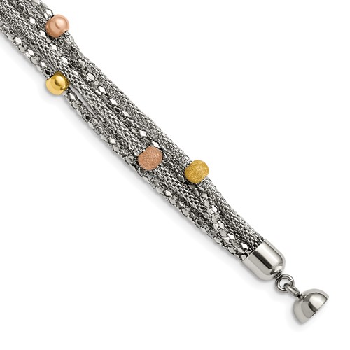 Stainless Steel Polished Rose and Yellow IP-plated Mesh Bracelet, 7.75"