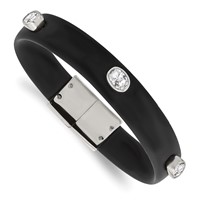 Stainless Steel Polished Black Silicone Bracelet with CZ, 8" view 1