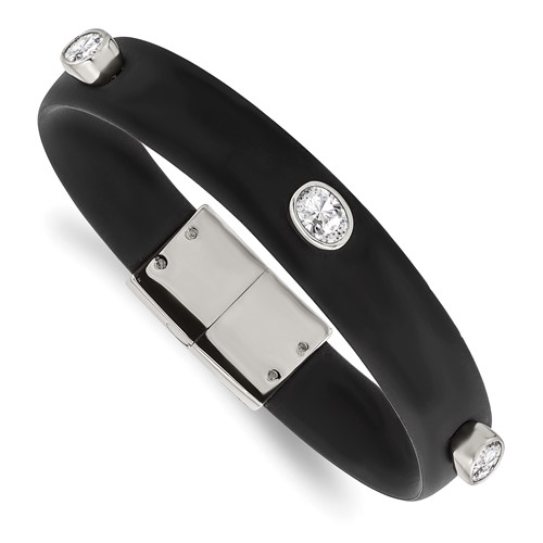 Stainless Steel Polished Black Silicone Bracelet with CZ, 8"