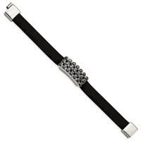 Stainless Steel Polished Black Rubber Bracelet with Black CZ, 8" view 3