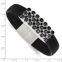 Stainless Steel Polished Black Rubber Bracelet with Black CZ, 8" view 4