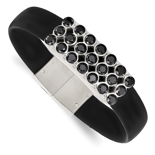 Stainless Steel Polished Black Rubber Bracelet with Black CZ, 8"