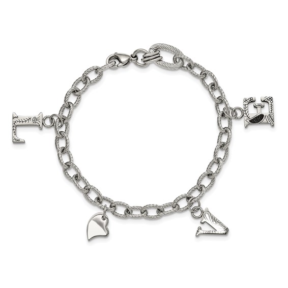 Stainless Steel Polished and Textured LOVE Charm 8.25in Bracelet