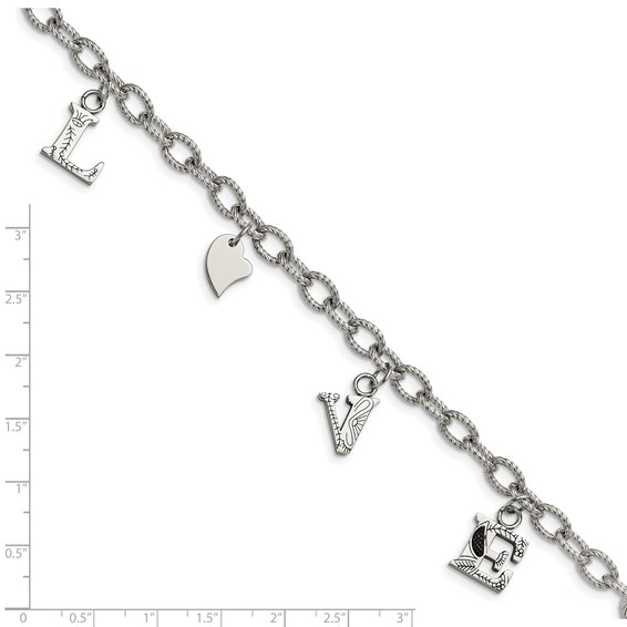 Stainless Steel Polished and Textured LOVE Charm 8.25in Bracelet