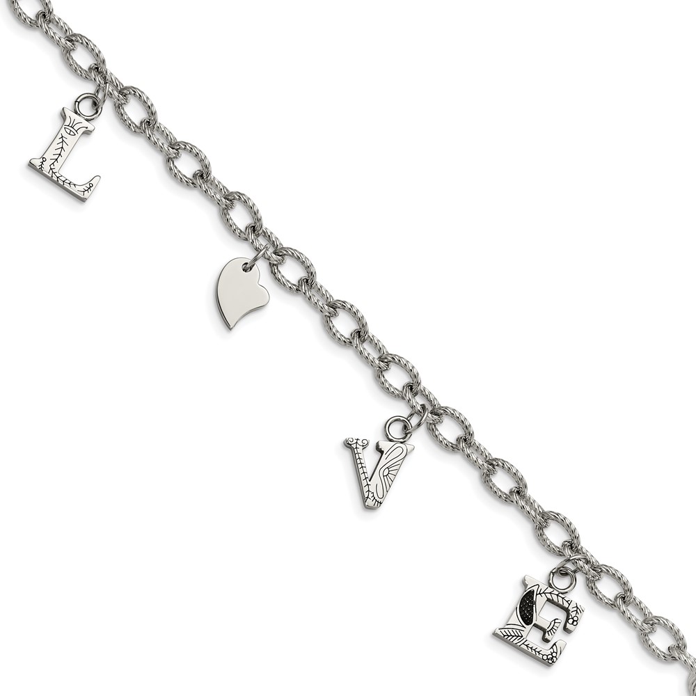 Stainless Steel Polished and Textured LOVE Charm 8.25in Bracelet