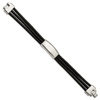 Stainless Steel Polished Black Leather ID Bracelet, 8" view 3