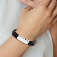Stainless Steel Polished Black Leather ID Bracelet, 8" view 5