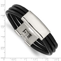 Stainless Steel Polished Black Leather ID Bracelet, 8" view 4