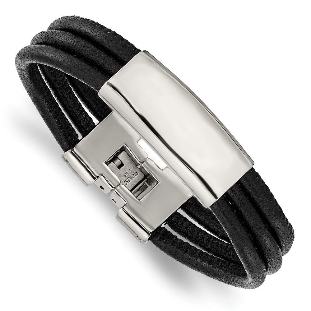 Stainless Steel Polished Black Leather ID Bracelet, 8"