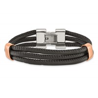 Chisel Stainless Steel Polished Rose IP-plated Multi Strand Black Leather Bracelet, 8" view 4