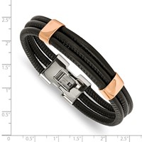 Chisel Stainless Steel Polished Rose IP-plated Multi Strand Black Leather Bracelet, 8" view 5