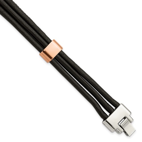 Chisel Stainless Steel Polished Rose IP-plated Multi Strand Black Leather Bracelet, 8"