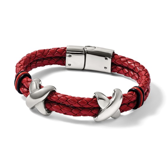 Chisel Stainless Steel Polished Red Leather and Black Rubber 8 inch Bracelet