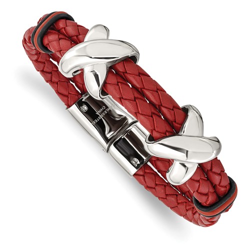 Chisel Stainless Steel Polished Red Leather and Black Rubber Bracelet, 8"