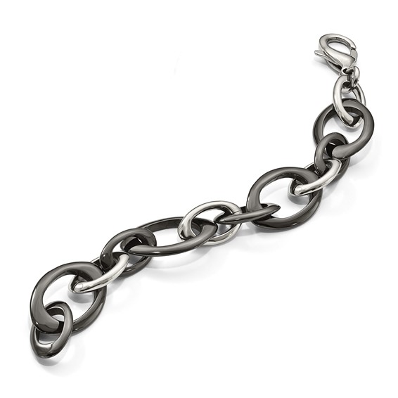 Chisel Stainless Steel Polished with Black Ceramic 8 inch Open Link Bracelet