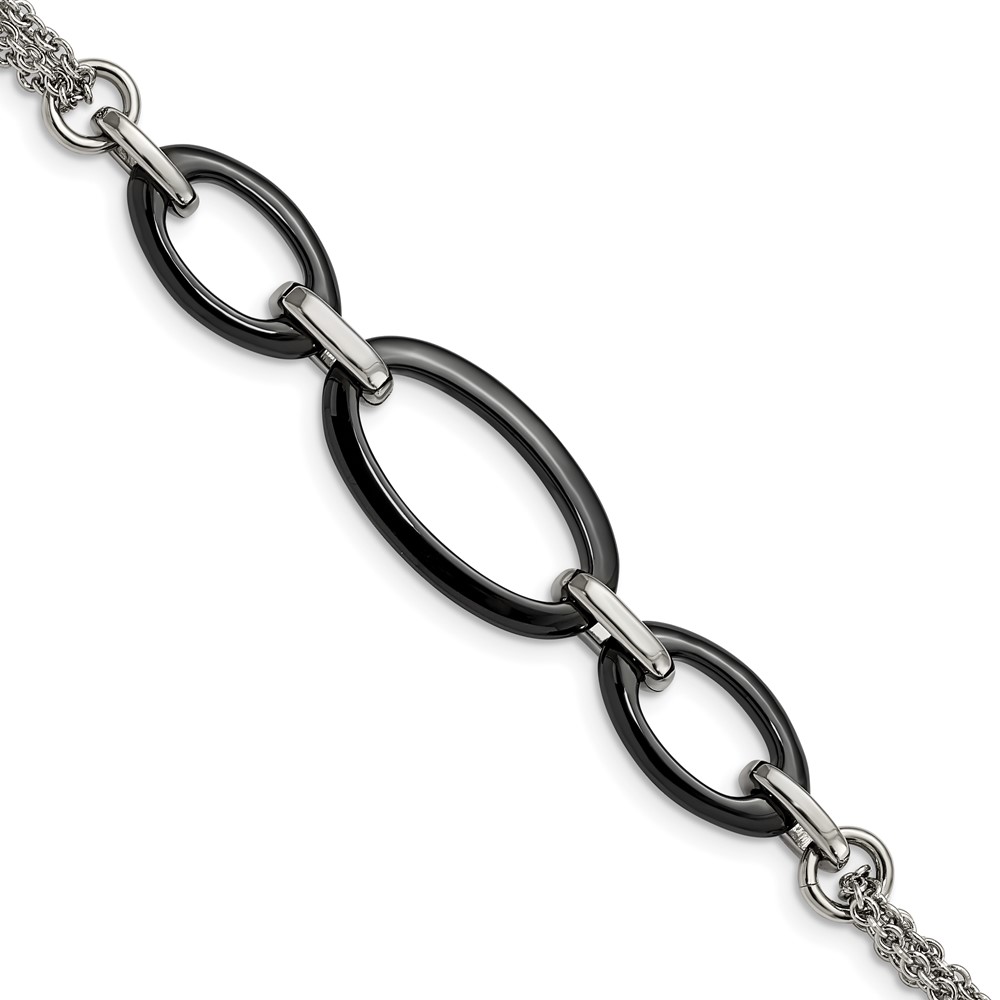 Stainless Steel Polished Bracelet with Black Ceramic - 8in