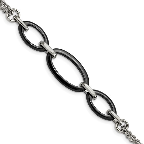 Stainless Steel Polished Bracelet with Black Ceramic, 8"