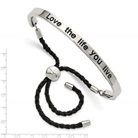 Stainless Steel Polished Black Enamel & Fabric Love Life Adjustable Bangle view 3