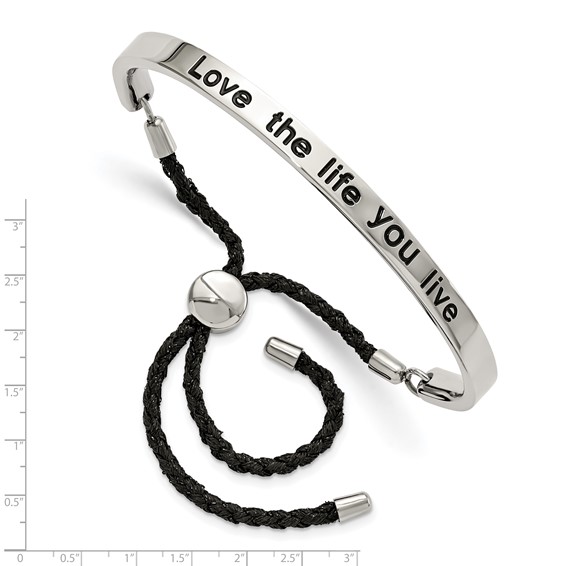 Stainless Steel Polished Black Enamel & Fabric LOVE LIFE Adjustable Bangle