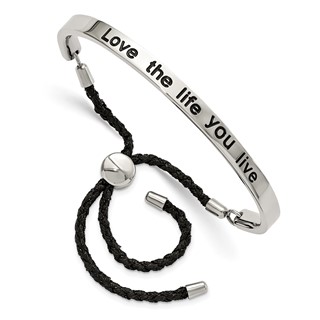 Stainless Steel Polished Black Enamel & Fabric LOVE LIFE Adjustable Bangle