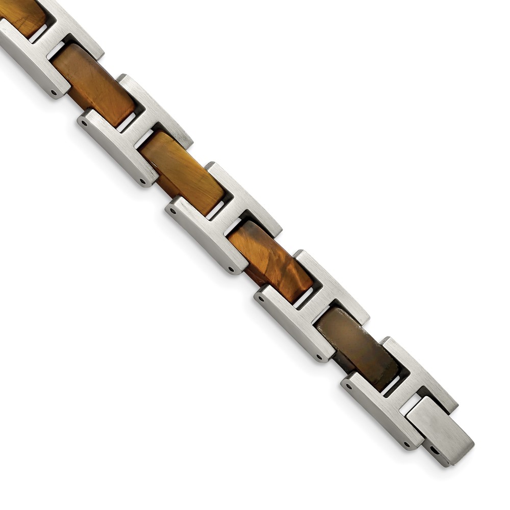 Stainless Steel Brushed with Tiger's Eye 8.5in Link Bracelet