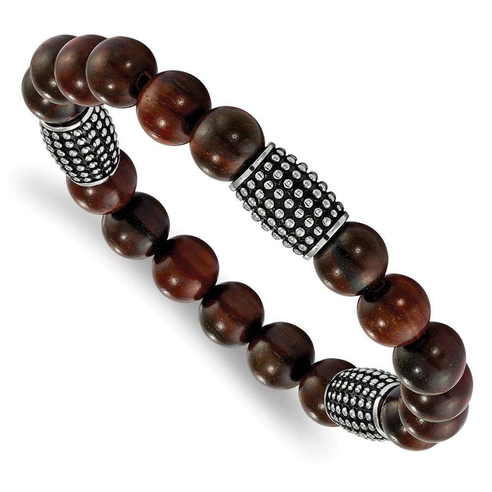 Stainless Steel Stretch Polished and Antiqued Beads Rosewood Bracelet