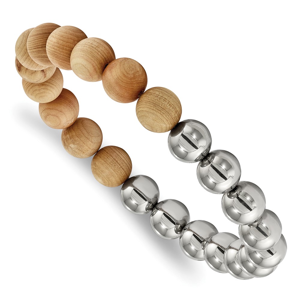 Stainless Steel Stretch Polished Beads with Cypress Wood Bracelet