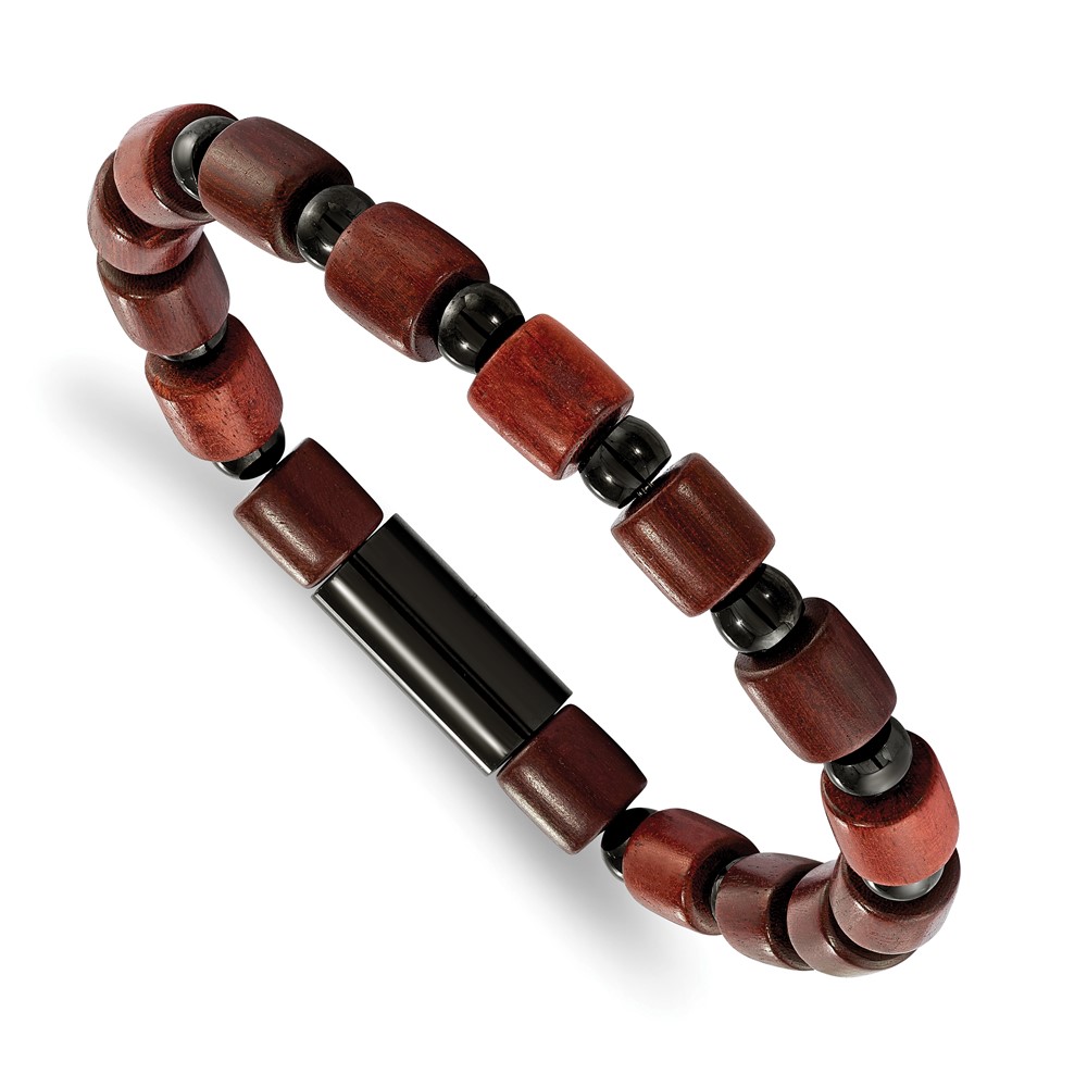 Stainless Steel Stretch Polished Black IP-plated Beads and Wood Bracelet