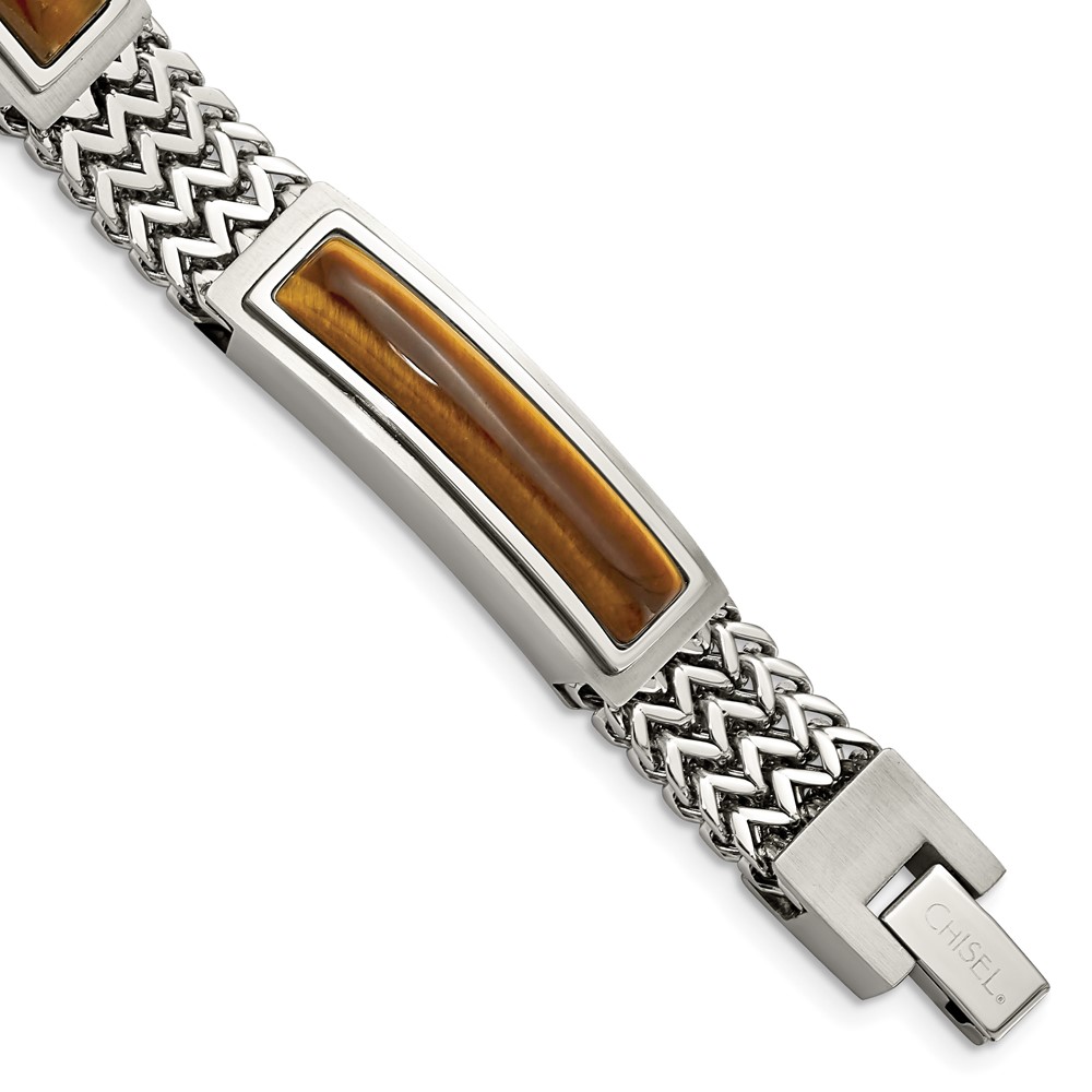 Stainless Steel Brushed and Polished w/Tiger's Eye Inlay 8.25in Bracelet