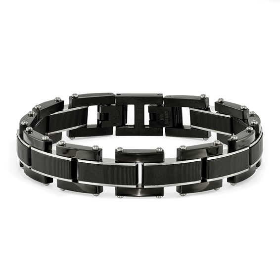 Chisel Stainless Steel Polished Black IP-plated with Solid Black Carbon Fiber 8.5 inch Link Bracelet