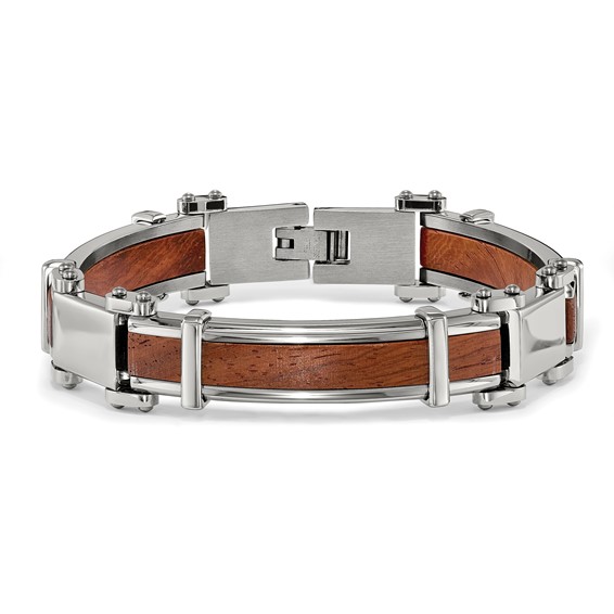 Chisel Stainless Steel Polished with Wood Inlay 8.25 inch Link Bracelet