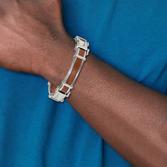 Chisel Stainless Steel Polished with Wood Inlay 8.25 inch Link Bracelet