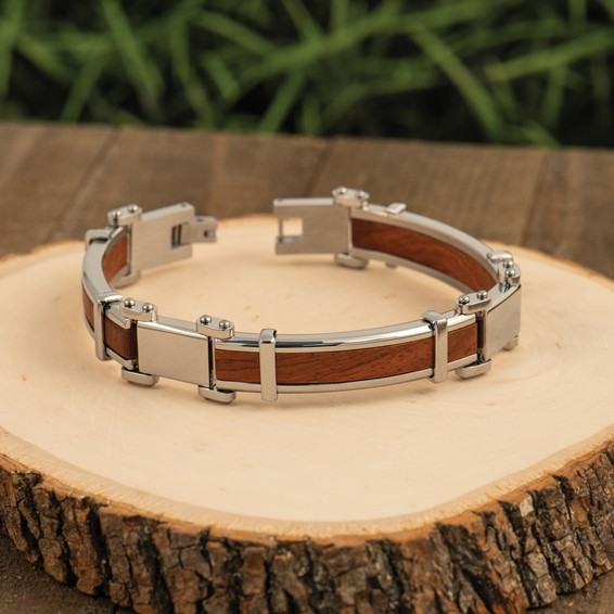 Chisel Stainless Steel Polished with Wood Inlay 8.25 inch Link Bracelet