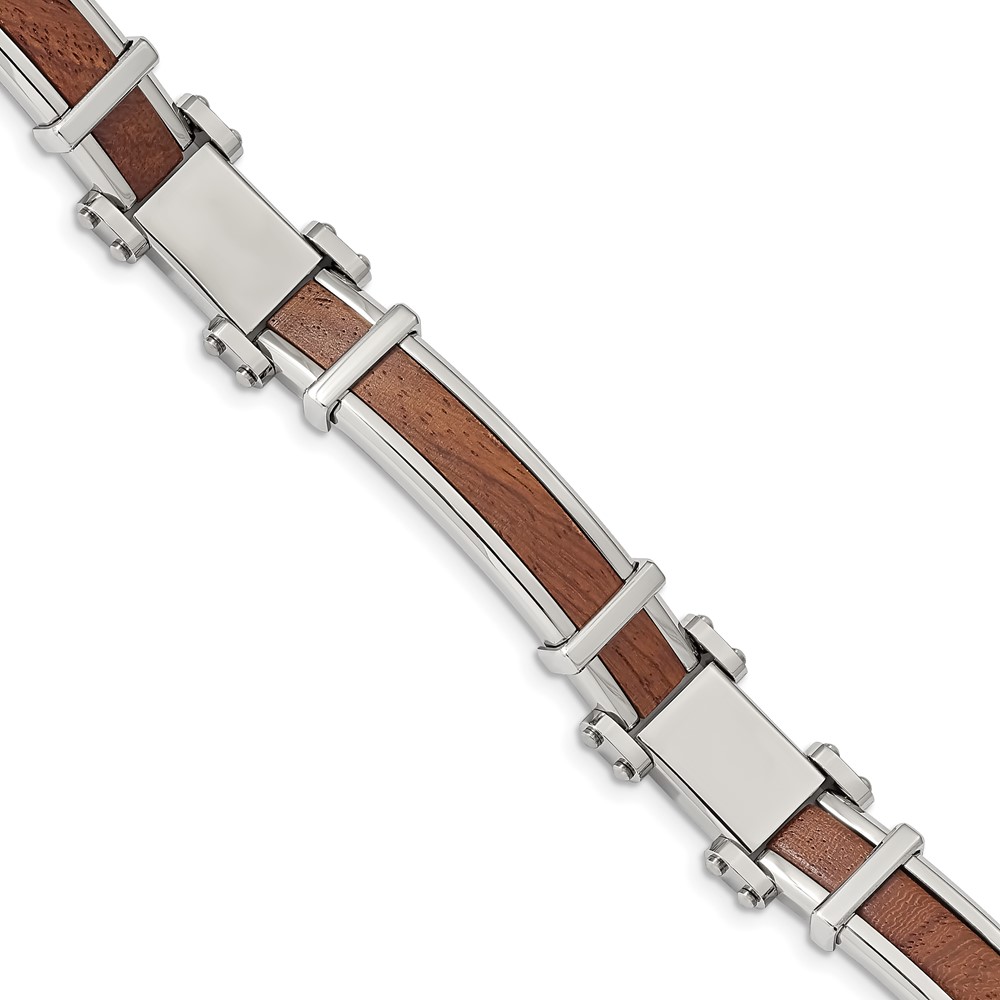 Stainless Steel Polished with Wood Inlay 8.25in Bracelet